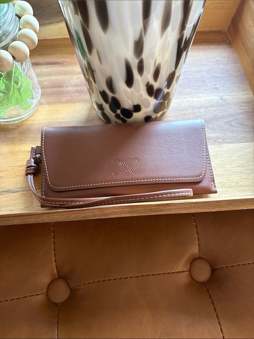 Celine Brown Leather eyeglasses case Clutch with Embossed Logo